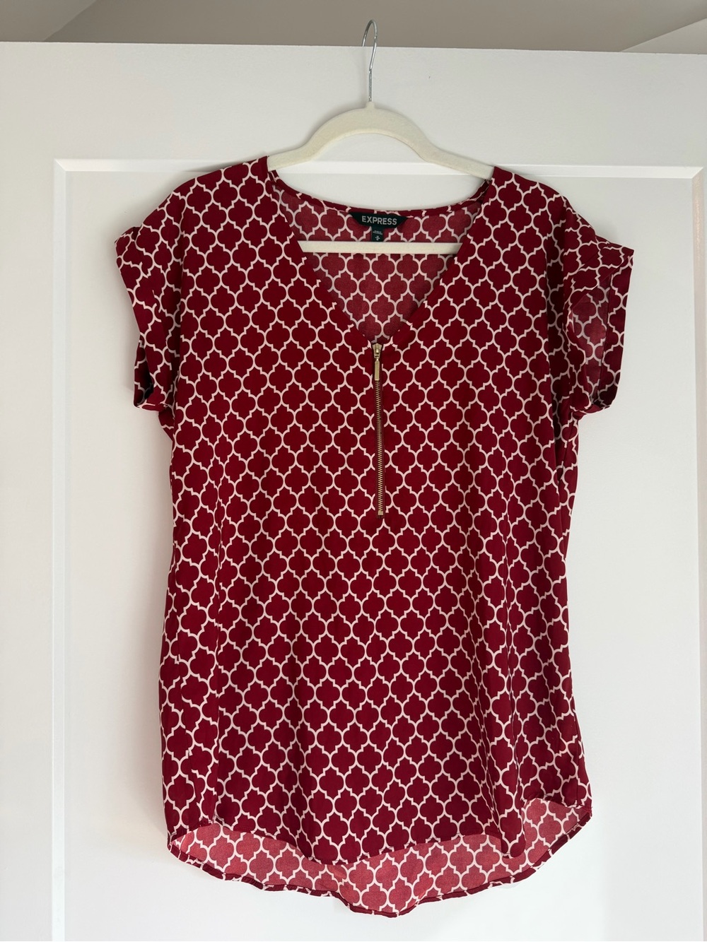 Express Burgundy and White Geometric Zip-Front Blouse